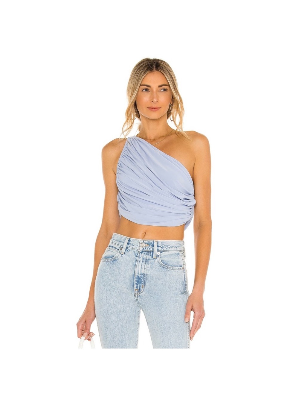 Norma Kamali Diana Asymmetrical Ruched One shoulder Draping Top light blue